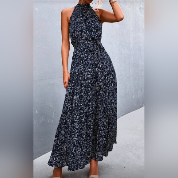 NEW Chic Dot Print Tiered Ruffle Halter Maxi Dress Navy Blue White - Picture 2 of 9
